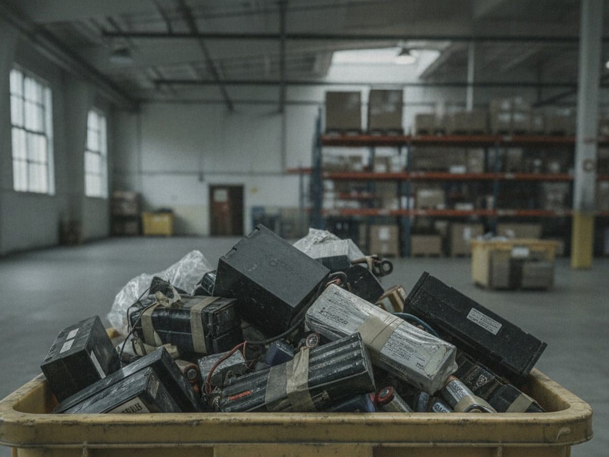 Assorted used batteries collected in a labelled bin