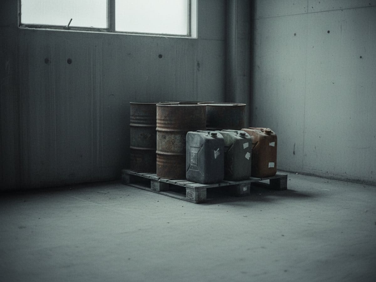 Weathered drums and jerry cans on a containment pallet