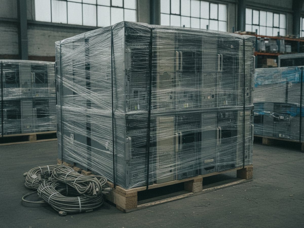Retired computer towers shrink wrapped on a pallet