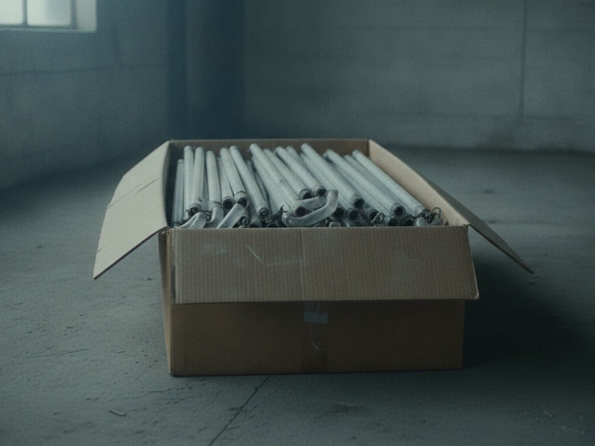 Spent fluorescent tubes packed upright in a shipping box
